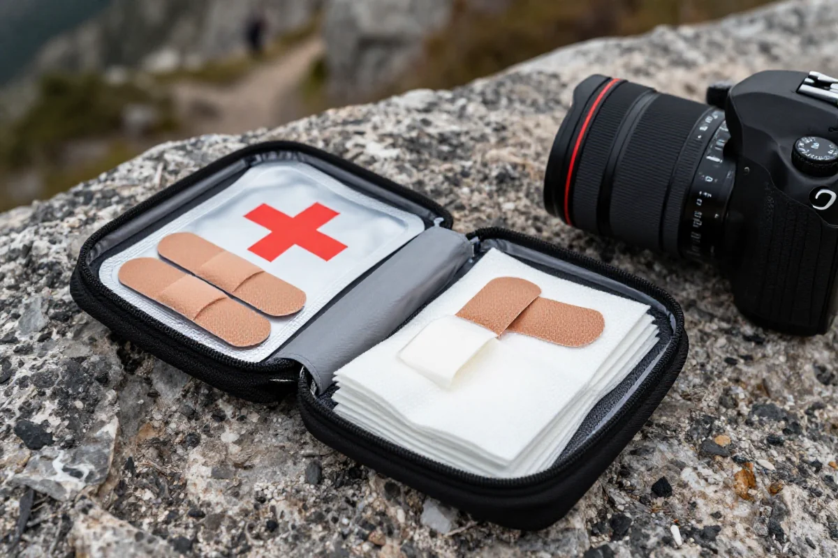 Minimalist apteczka na rower górski z podstawowymi materiałami opatrunkowymi.