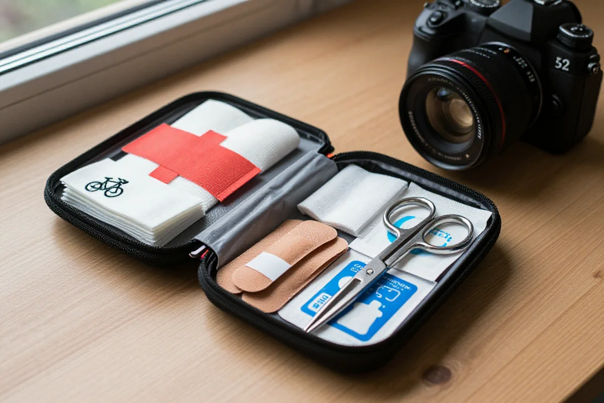 Apteczka pierwszej pomocy dla rowerzysty z podstawowymi akcesoriami medycznymi.