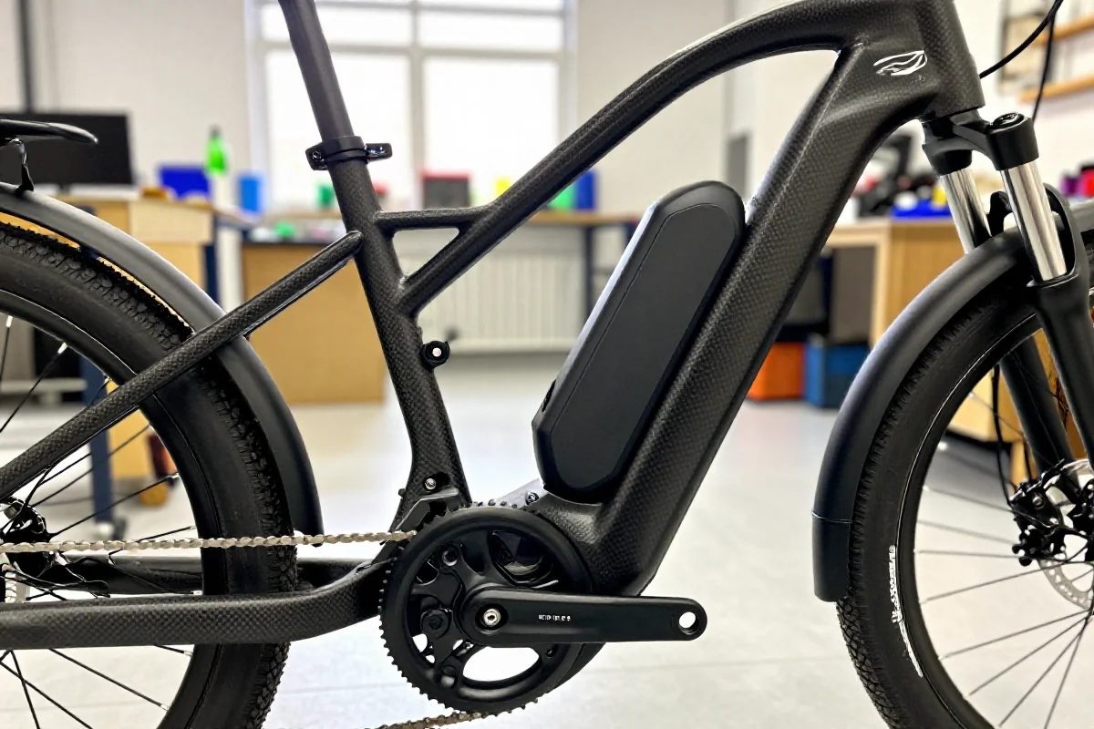 Zbliżenie na ramę roweru elektrycznego z widocznymi komponentami technicznymi.