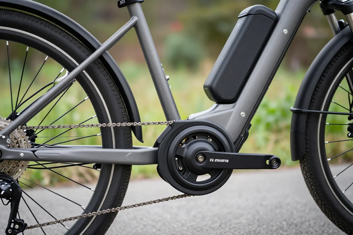 Szczegóły elektrycznego roweru, akumulator i silnik centralny, techniczne komponenty.