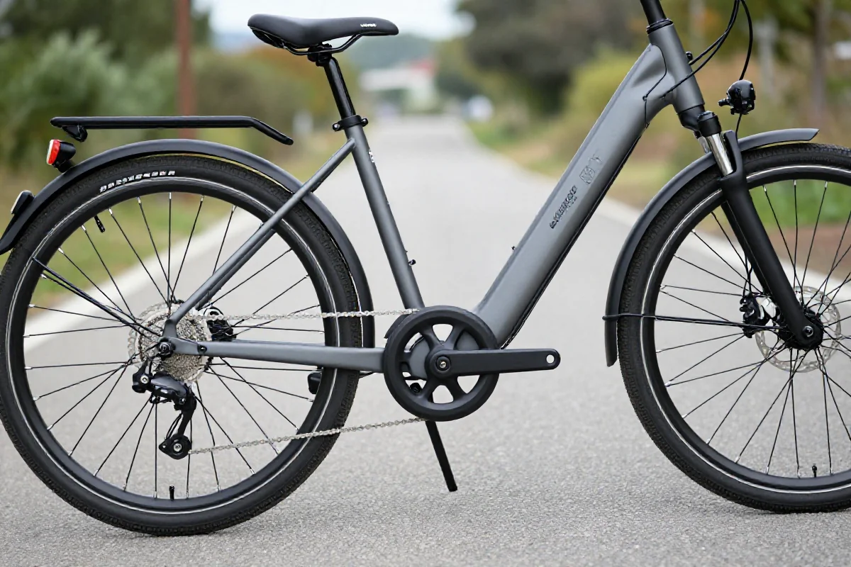 Szczegóły roweru elektrycznego na trasie z widocznymi komponentami.
