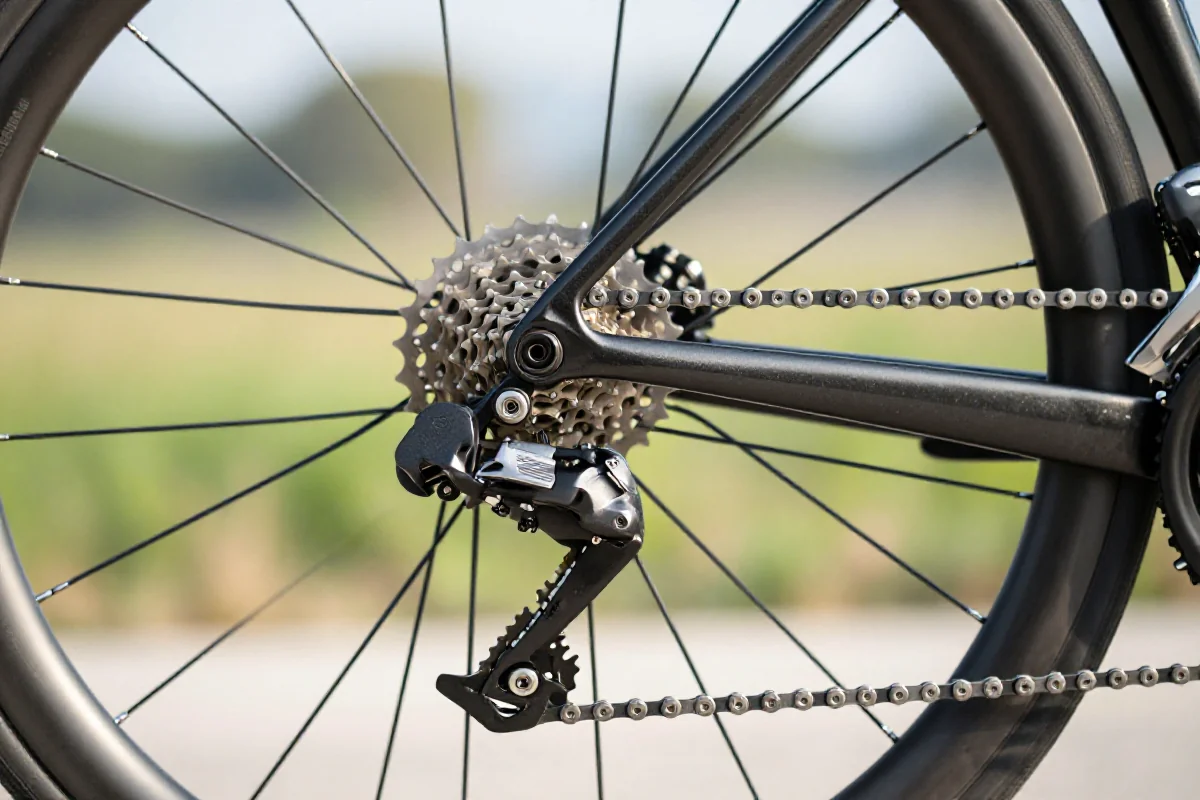 Zbliżenie na zaawansowany system napędowy roweru szosowego.