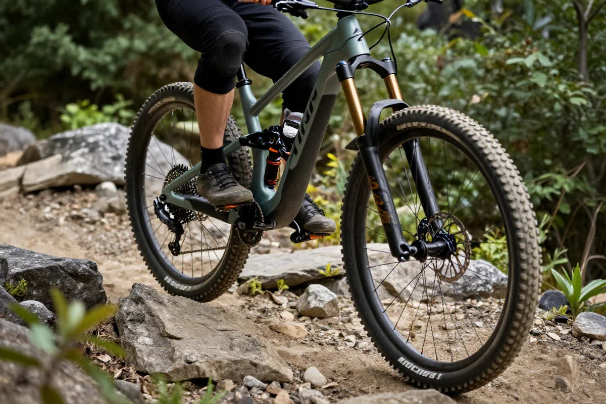 Nowoczesny rower górski w atakującej pozycji na trudnym terenie.