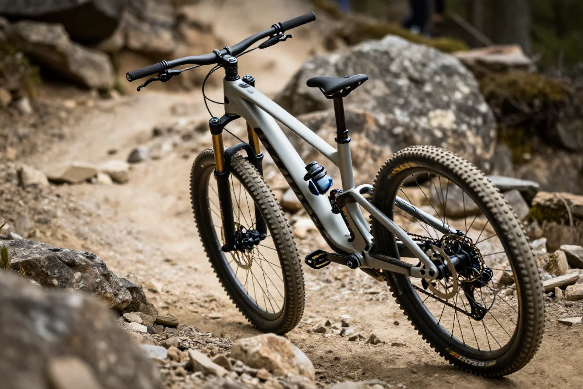 Rower górski w pozycji ataku na stromej trasie z kamieniami