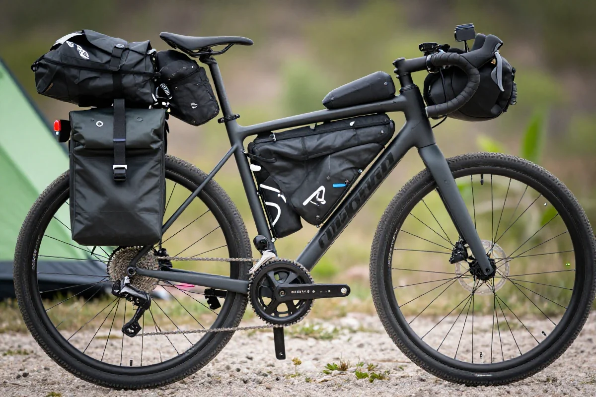 Zorganizowane akcesoria rowerowe i żywność na wyprawę bikepackingową.