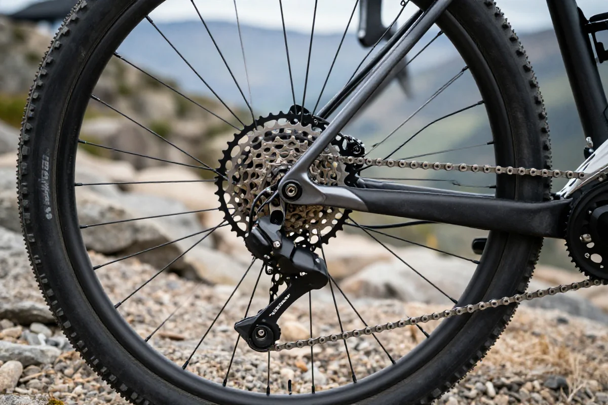 Szczegóły napędu i hamulców roweru górskiego na skalistym terenie.
