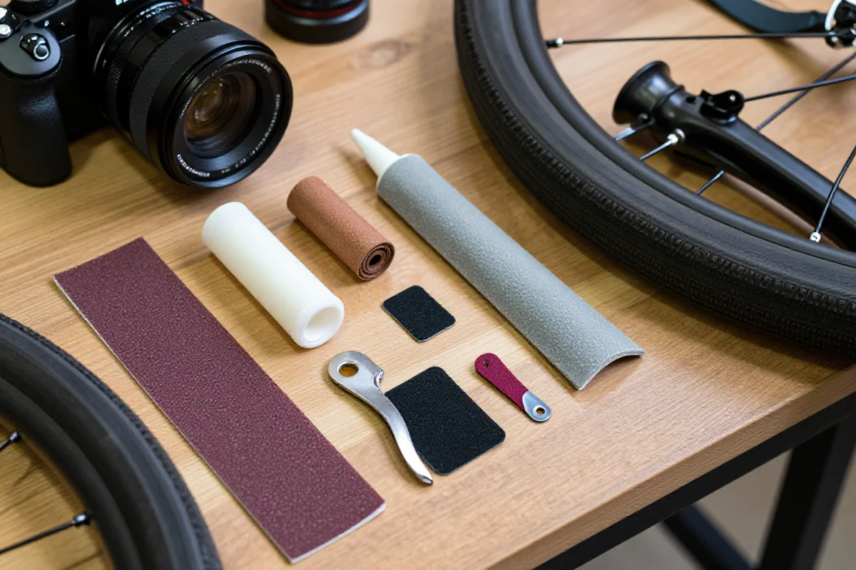 Zestaw naprawczy do dętki rowerowej na drewnianym stole.