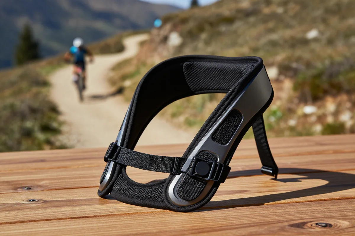 Ochraniacz szyi do jazdy na rowerze górskim, pokazujący detale konstrukcji.