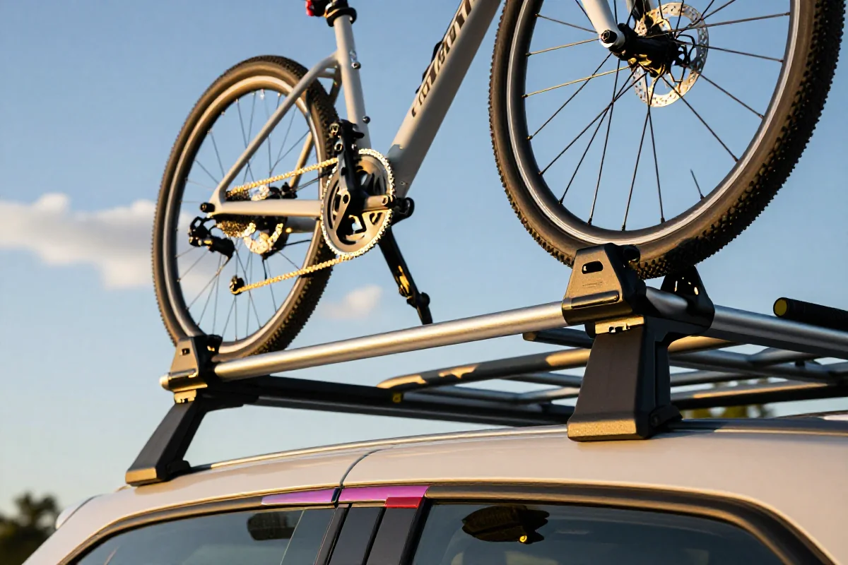Bagażnik dachowy do rowerów zamontowany na samochodzie pod jasnym niebem.