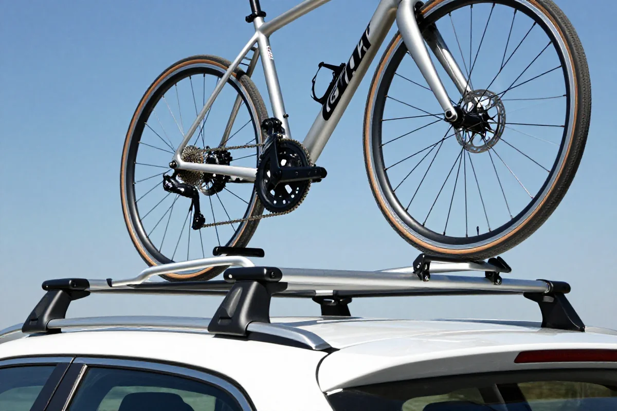 Bagażnik dachowy na rowery zamontowany na samochodzie w naturalnym świetle.