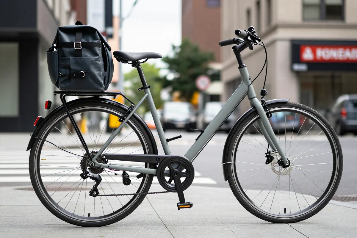 Nowoczesny rower miejski z tylnym bagażnikiem w miejskim otoczeniu