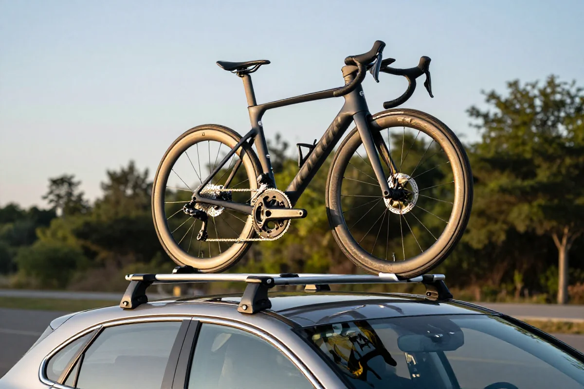 Rower szosowy zamocowany na bagażniku dachowym samochodu w plenerze.