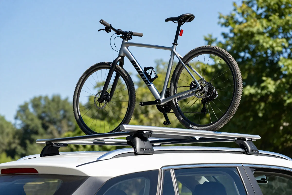 Bagażnik dachowy na samochodzie z przewożonym rowerem górskim.