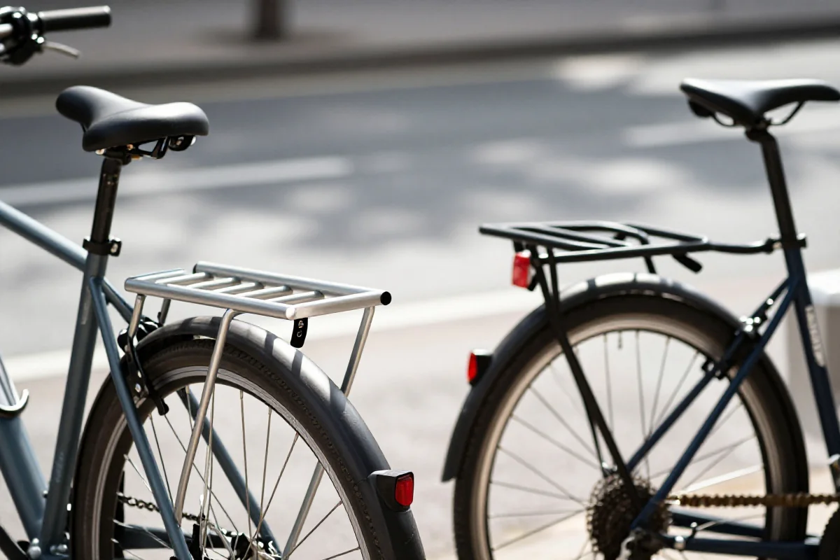 Różne bagażniki tylne rowerów: aluminiowy i stalowy, na ścieżce rowerowej.