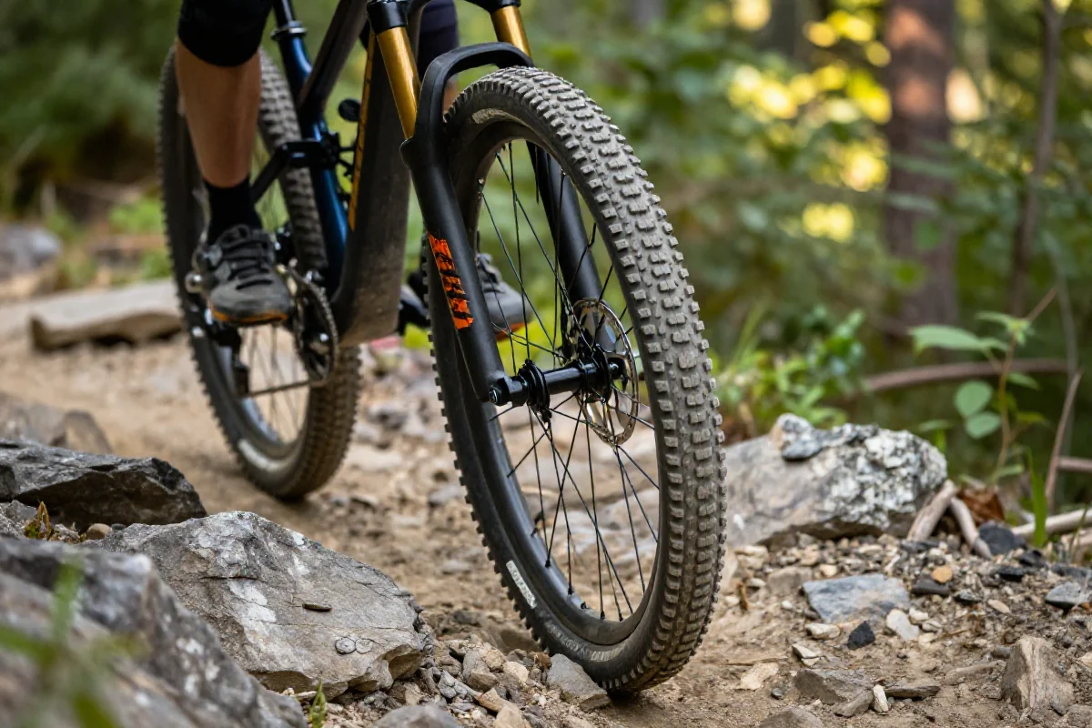 Opona roweru górskiego na kamienistej trasie, podkreślająca technikę równowagi bocznej.