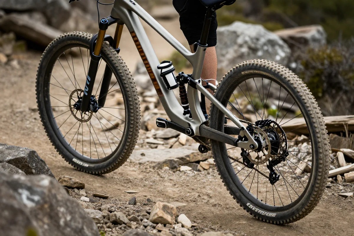 Rower górski na skalistej ścieżce, ukazujący geometrię i detale konstrukcyjne.
