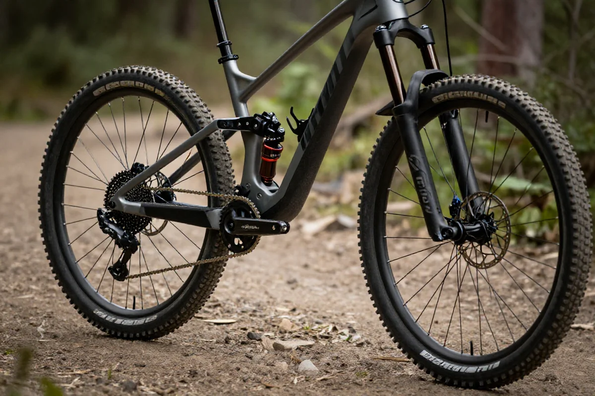 Rower górski na trudnej trasie, ukazujący balans i rozkład ciężaru.