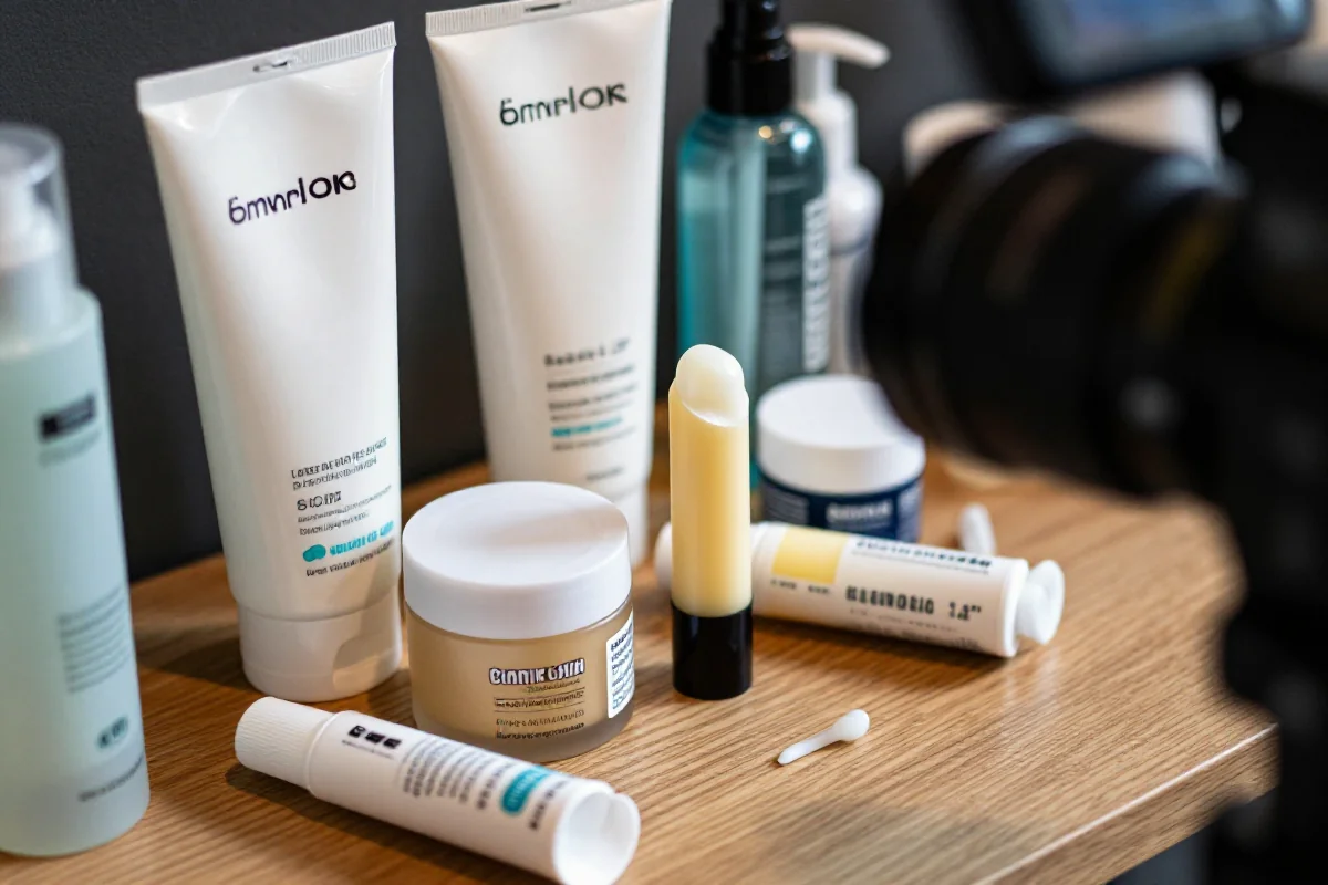 Kremy i balsamy do pielęgnacji skóry rowerzystów na drewnianej powierzchni.