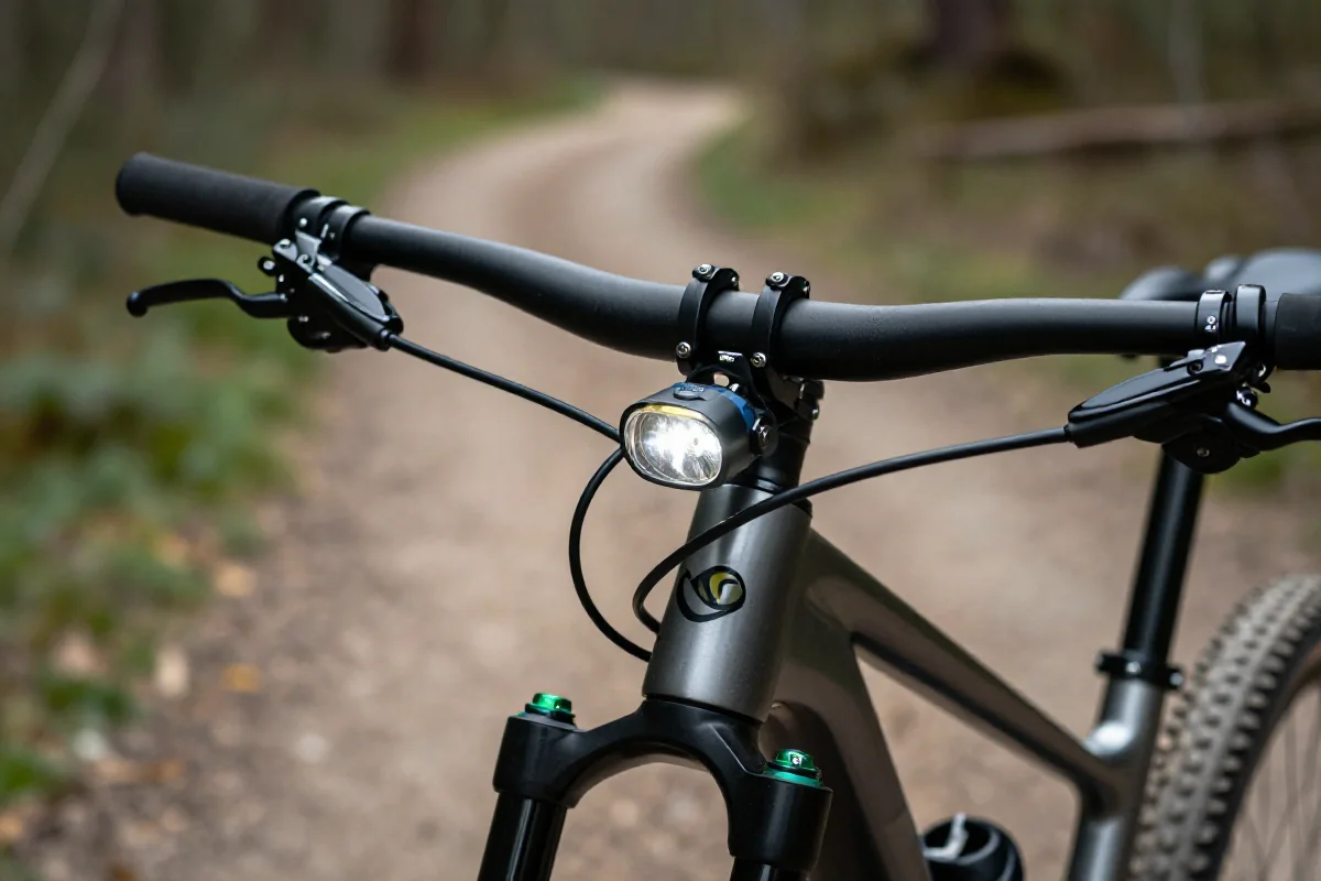 Zbliżenie na lampkę przednią zamontowaną na kierownicy roweru górskiego.