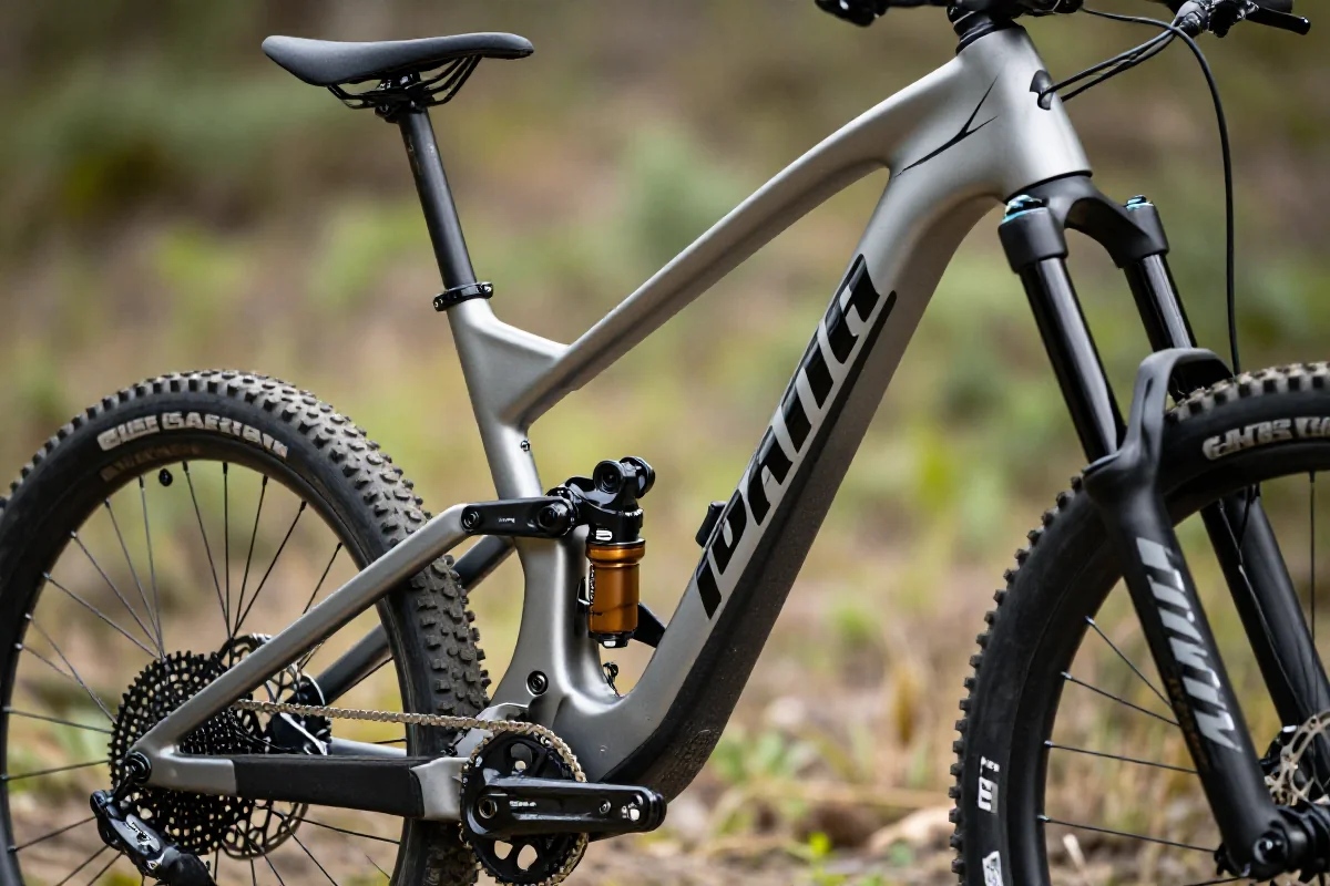 Rama roweru górskiego w plenerze, podkreślająca techniczne detale i wytrzymałość.