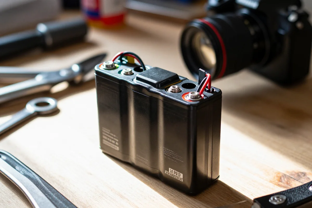 Akumulator litowo-jonowy e-bike w warsztacie, ukazujący szczegóły konstrukcyjne.