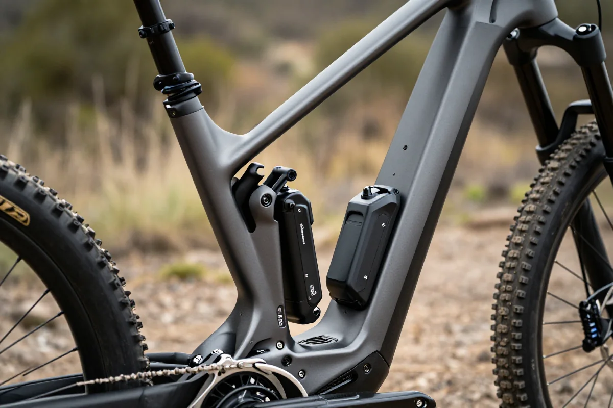 Bateria e-MTB na rowerze górskim w terenie, techniczne detale.