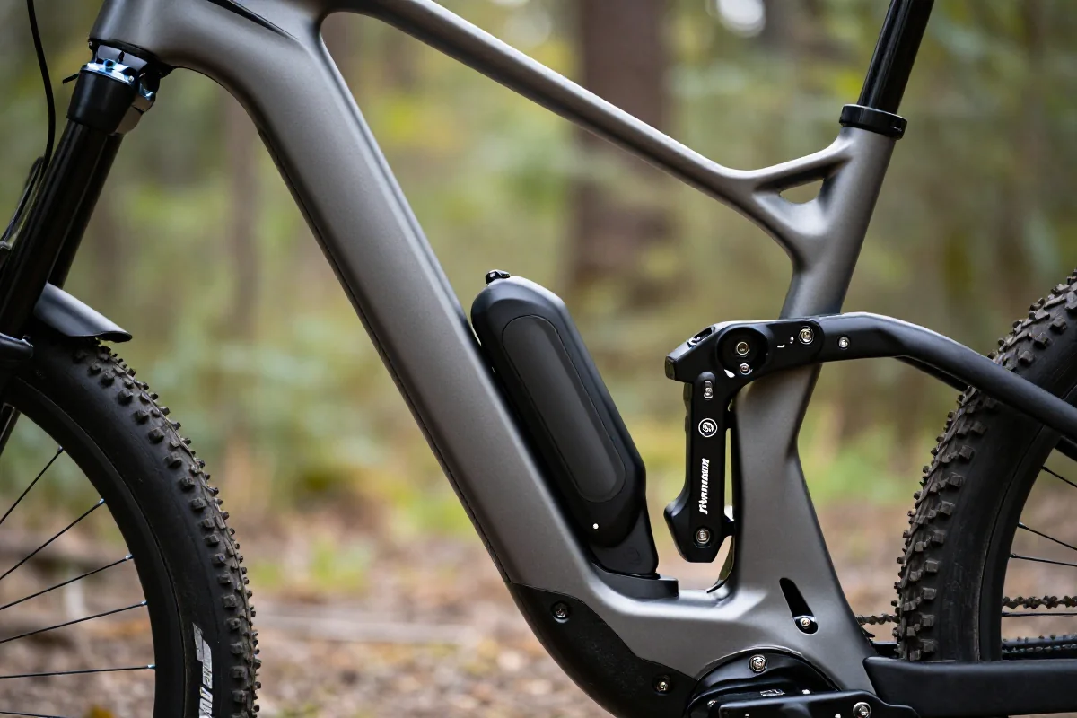 Nowoczesna bateria e-MTB zintegrowana z ramą roweru górskiego w plenerze.