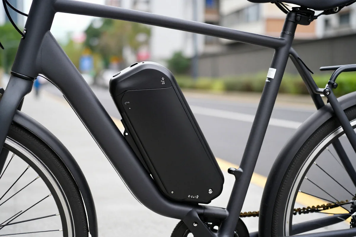 Akumulator roweru elektrycznego w miejskim rowerze, detale techniczne i nowoczesny design.