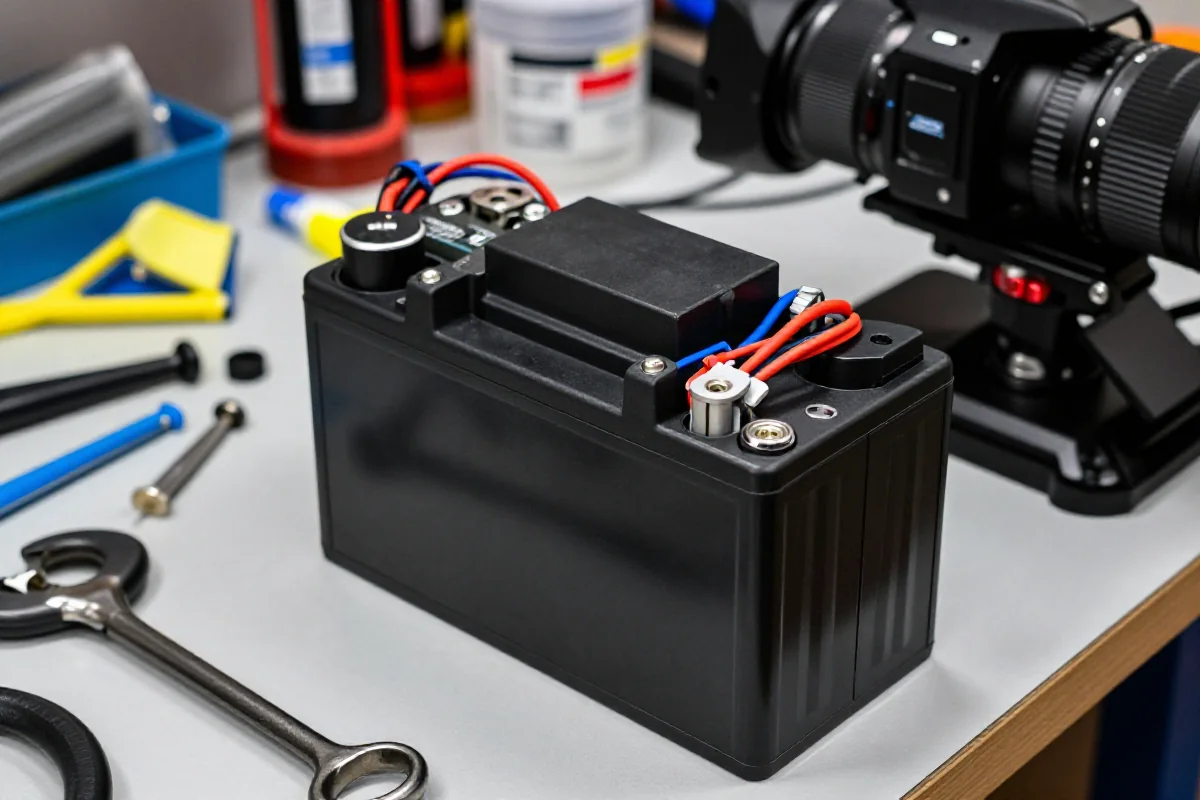 Bateria do roweru elektrycznego na stole warsztatowym z narzędziami.