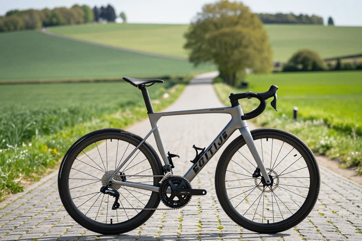 Widok rowerowego szlaku w Flandrii z nowoczesnym rowerem szosowym.