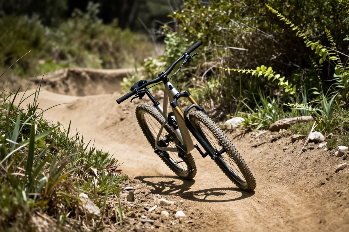 Rower górski pokonujący profilowany zakręt na trasie MTB