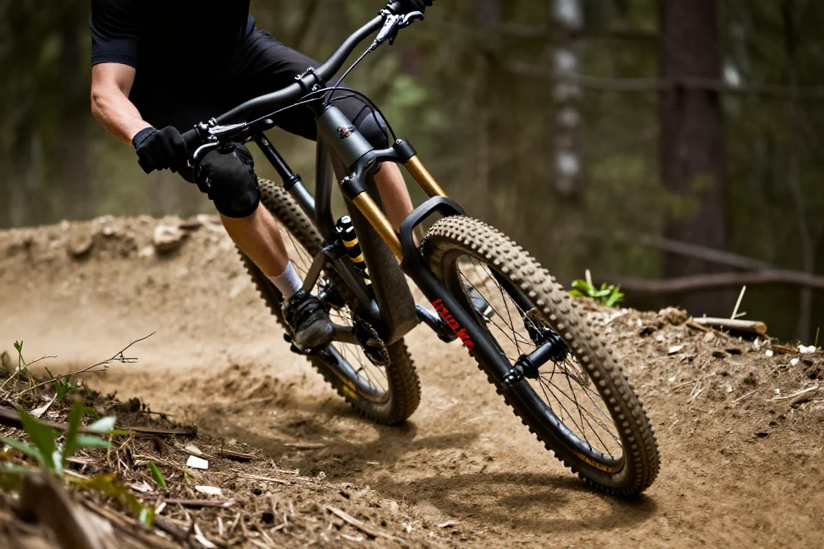 Rower górski pokonujący zakręt z bankiem na trasie MTB