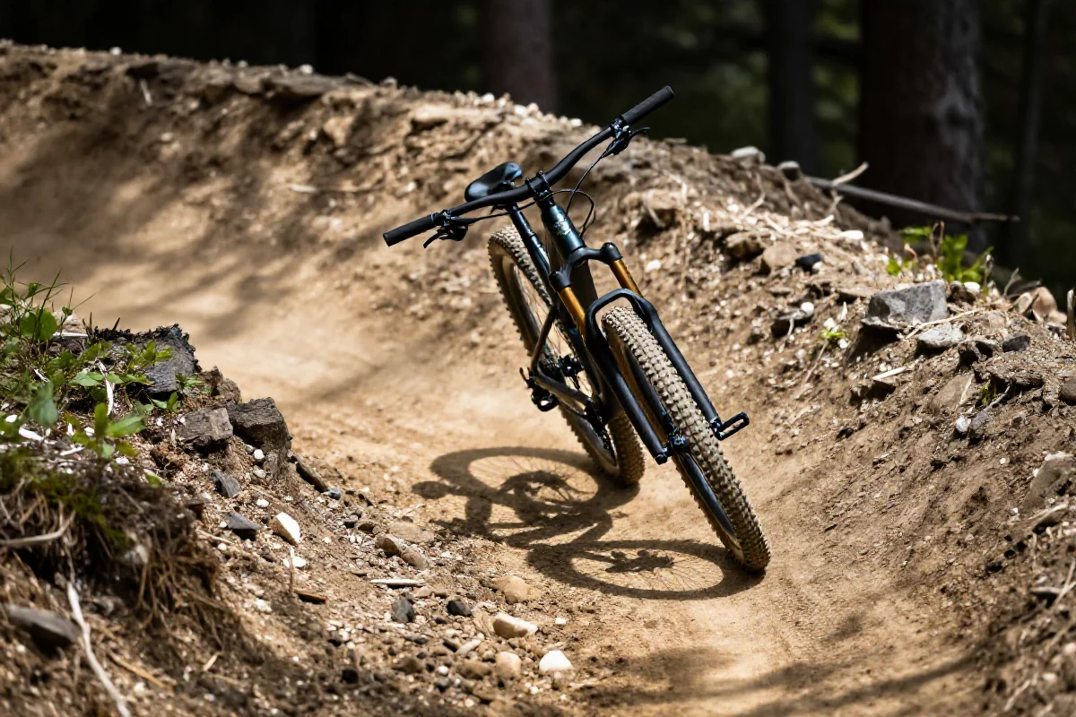 Rower górski pokonujący zakręt bermowy na trasie MTB.