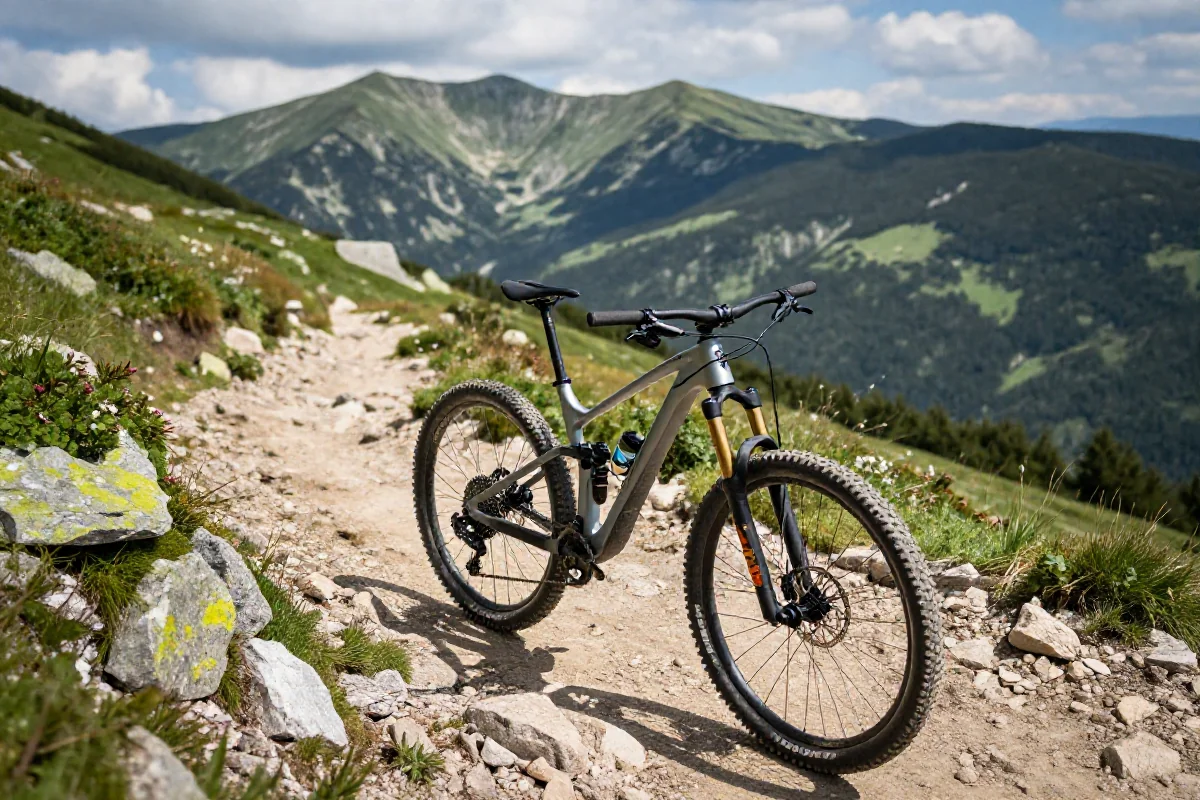 Rower górski na szlaku w Beskidzie Żywieckim, z widokiem na góry.