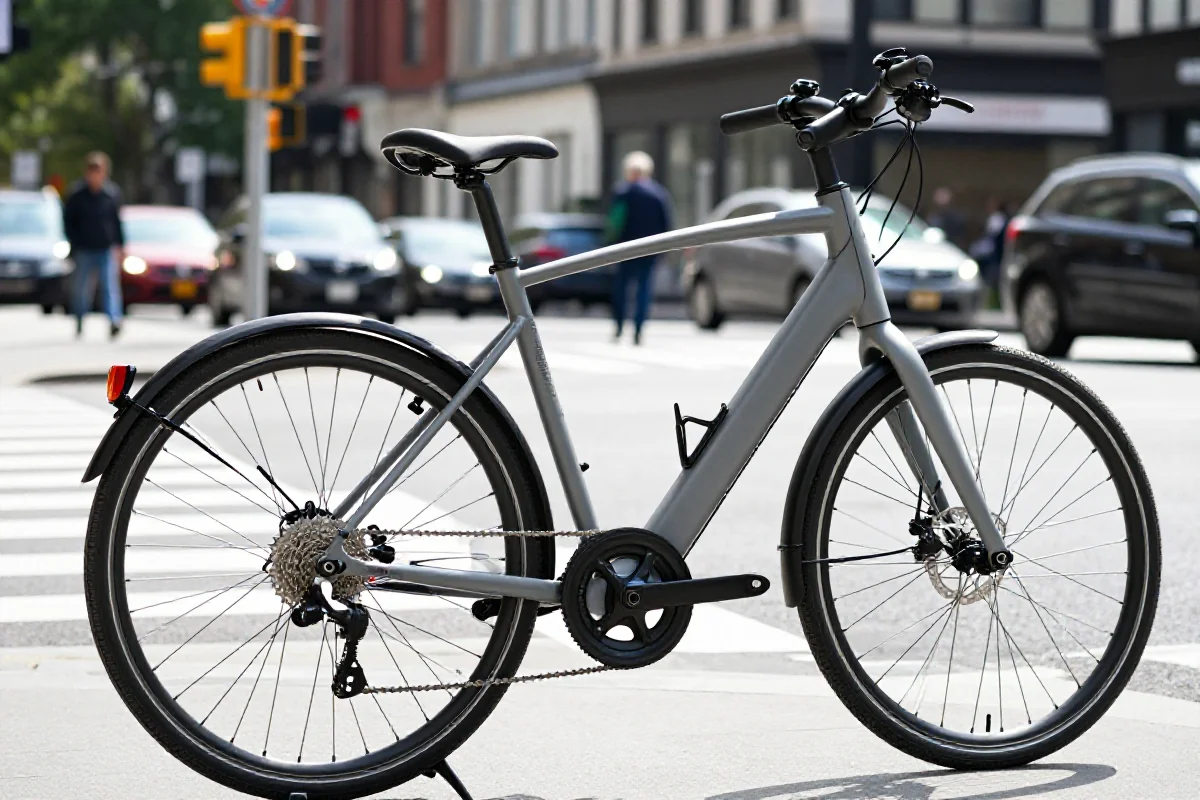 Nowoczesny rower elektryczny przy miejskim skrzyżowaniu, podkreślający bezpieczeństwo dojazdów.