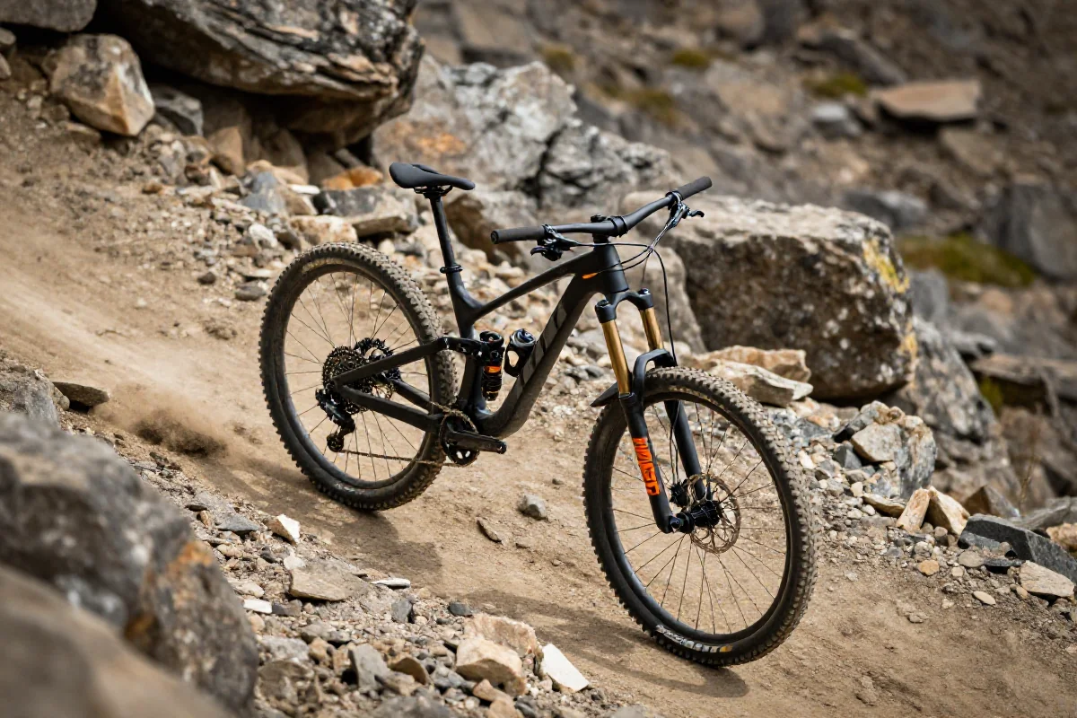 Rower górski na stromym zjeździe, ukazujący techniczne detale i trudny teren.