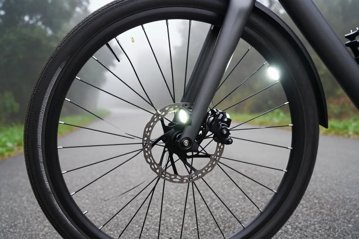 E-bike z zaawansowanymi hamulcami i oświetleniem w gęstej mgle