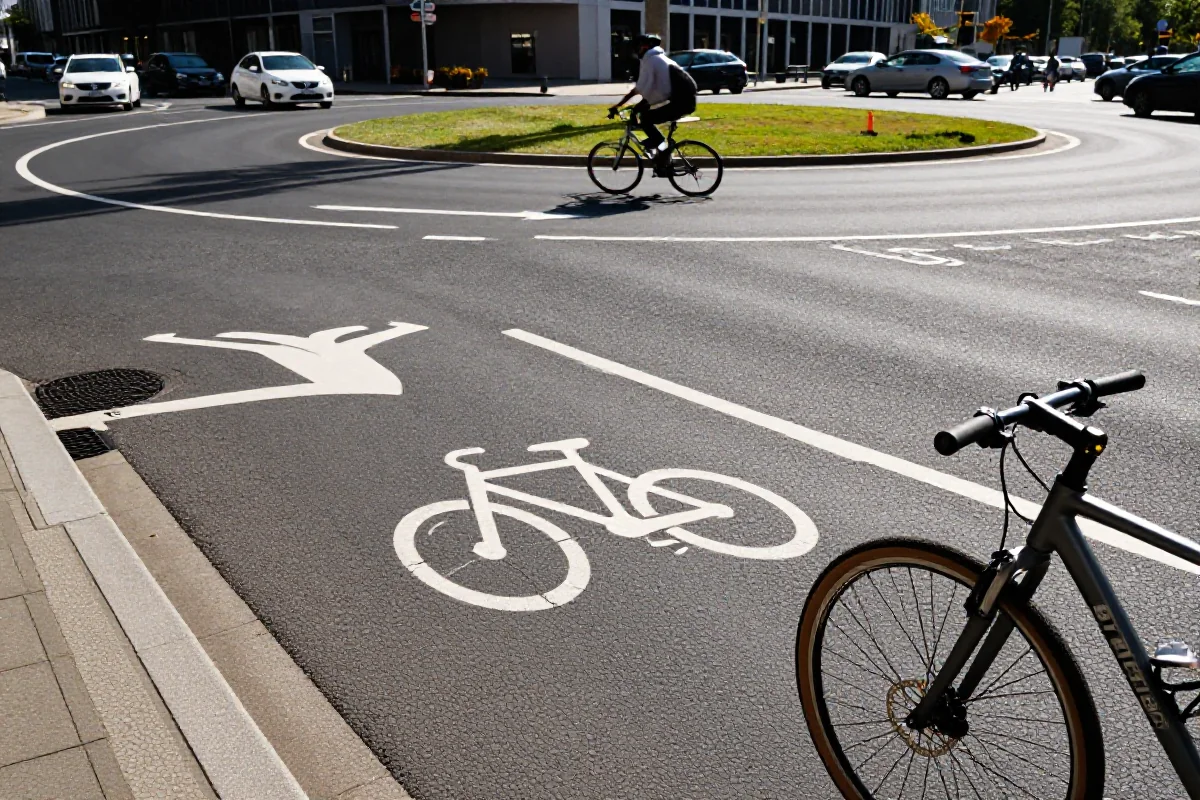 Nowoczesne rondo z pasami dla rowerów, elementy bezpieczeństwa rowerowego.
