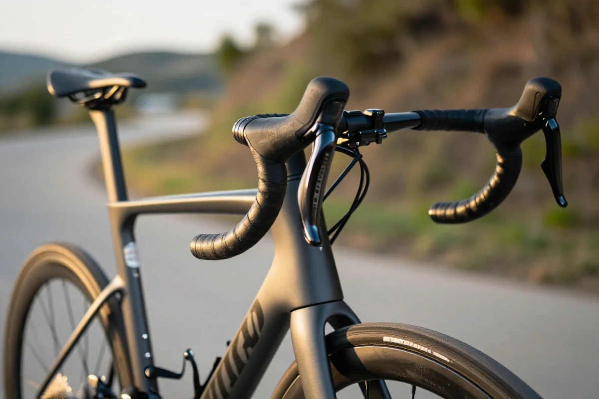 Nowoczesny rower szosowy z detalami kierownicy na trasie rowerowej.