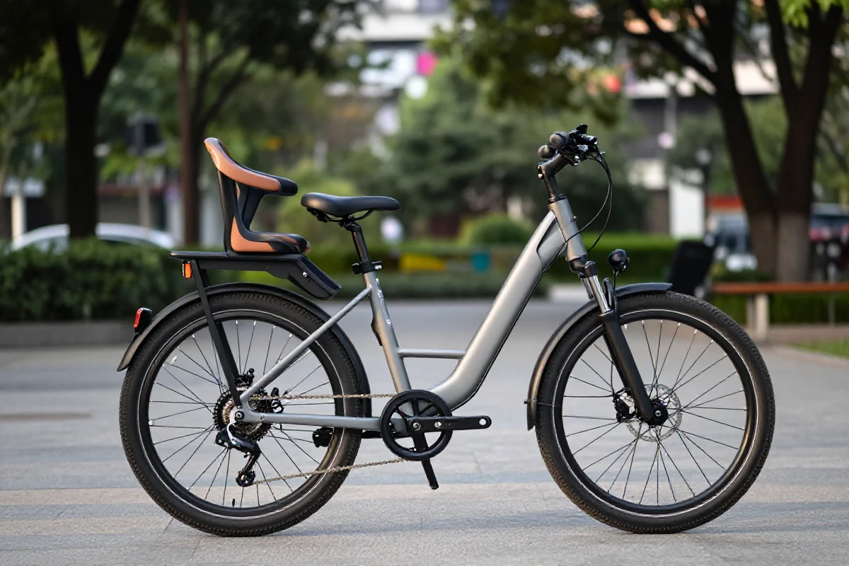 Bezpieczny rower elektryczny z fotelikiem dla dzieci w parku