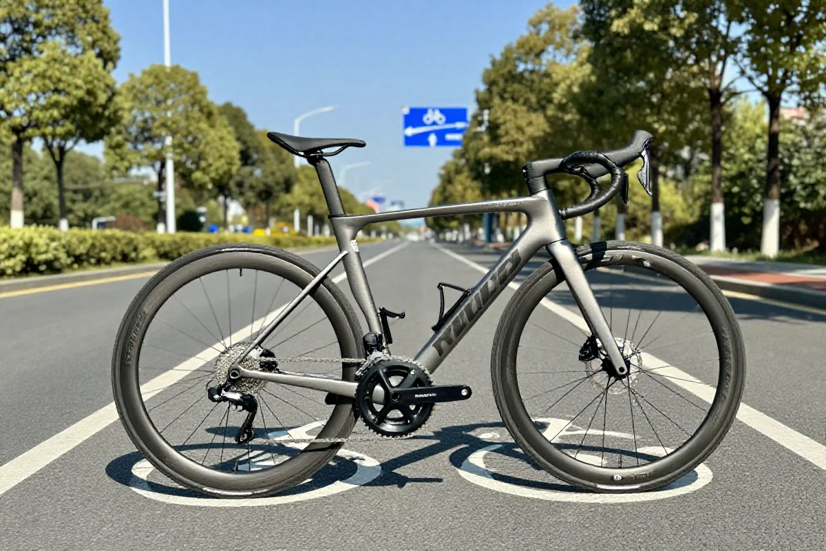 Rower szosowy obok wyznaczonej ścieżki rowerowej w słoneczny dzień