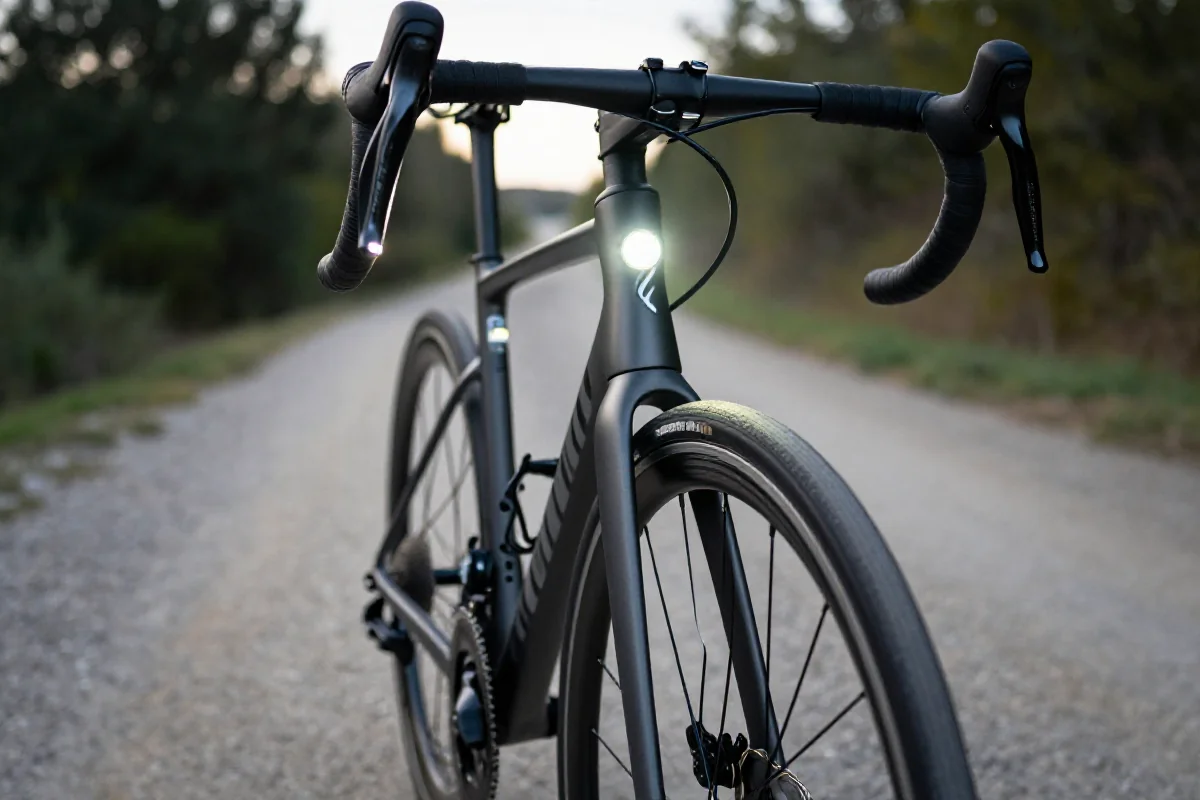 Rower szosowy z silnymi światłami, podkreślający bezpieczeństwo i widoczność na drodze.