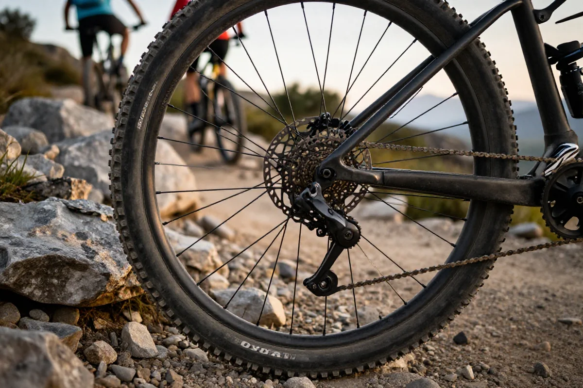 Detale roweru górskiego na szlaku, przedstawiające technikę jazdy grupowej.