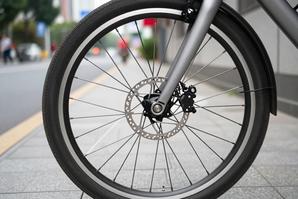 Szczegóły rowerowego koła na ścieżce rowerowej w mieście