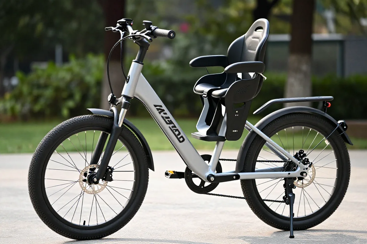 Rower elektryczny z fotelikiem dziecięcym na płaskiej powierzchni w parku.