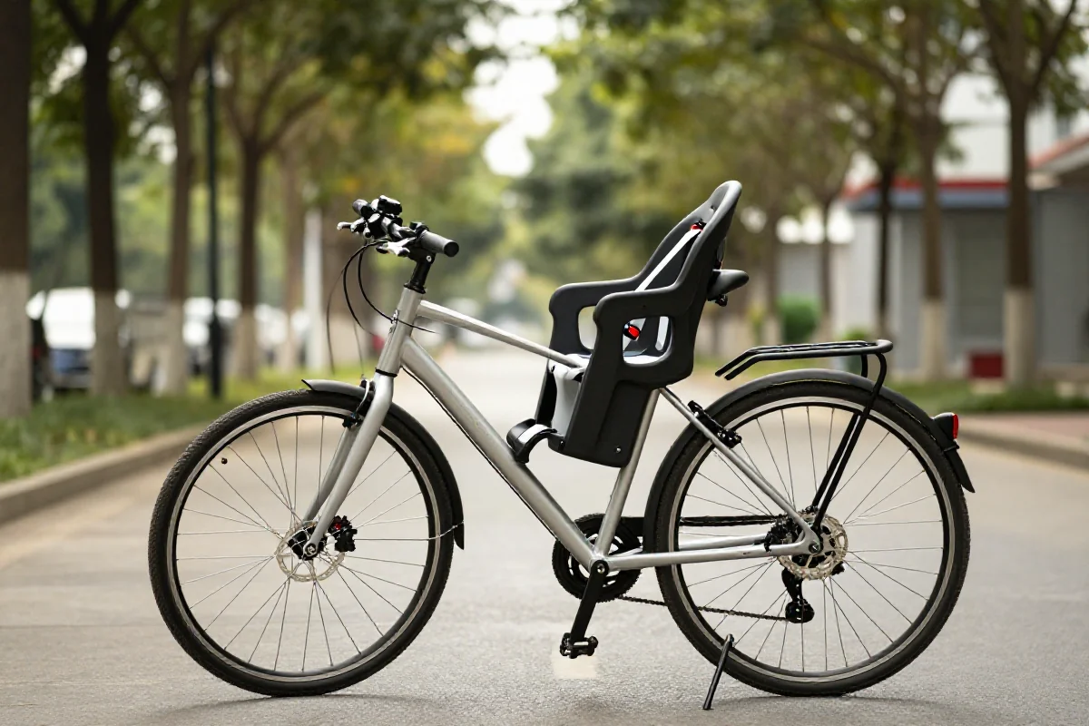 Rower z fotelikiem dziecięcym na tylnym bagażniku w miejskim otoczeniu.