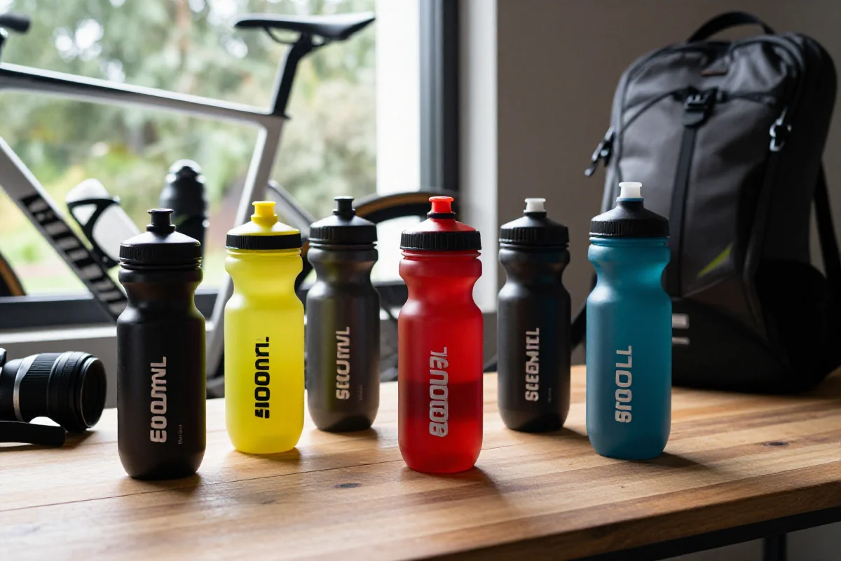 Różne bidony i systemy nawadniania dla kolarzy na stole