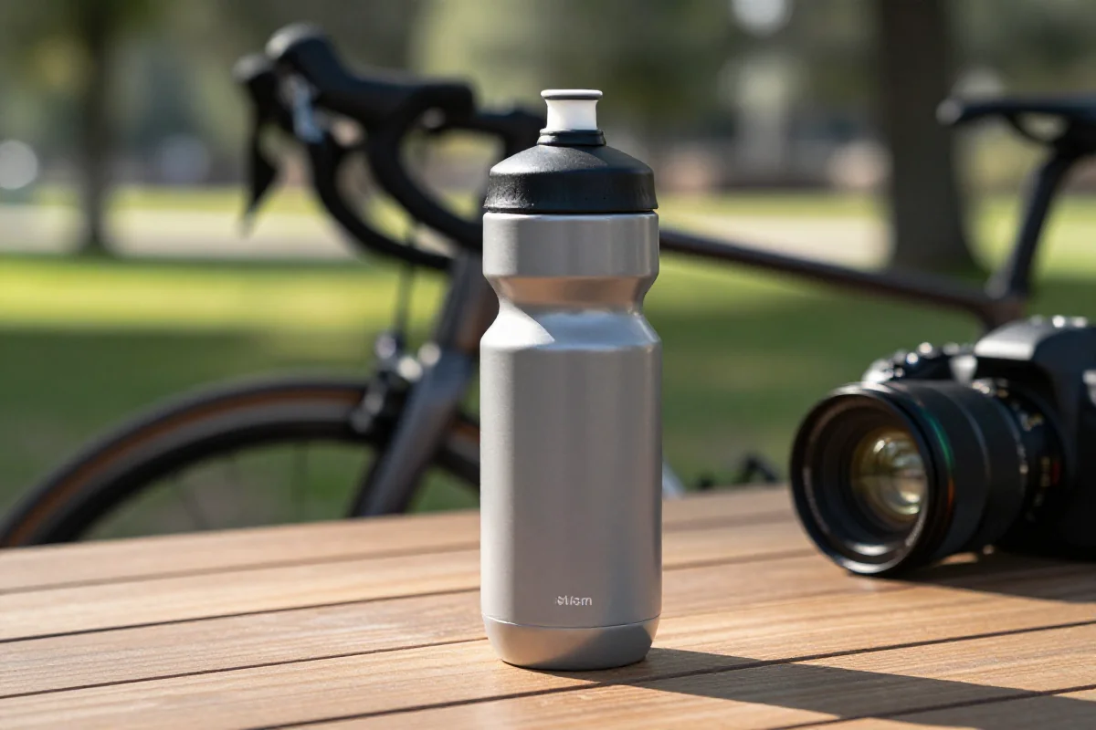 Izolowany bidon rowerowy w naturalnym otoczeniu, idealny do nawadniania podczas jazdy.