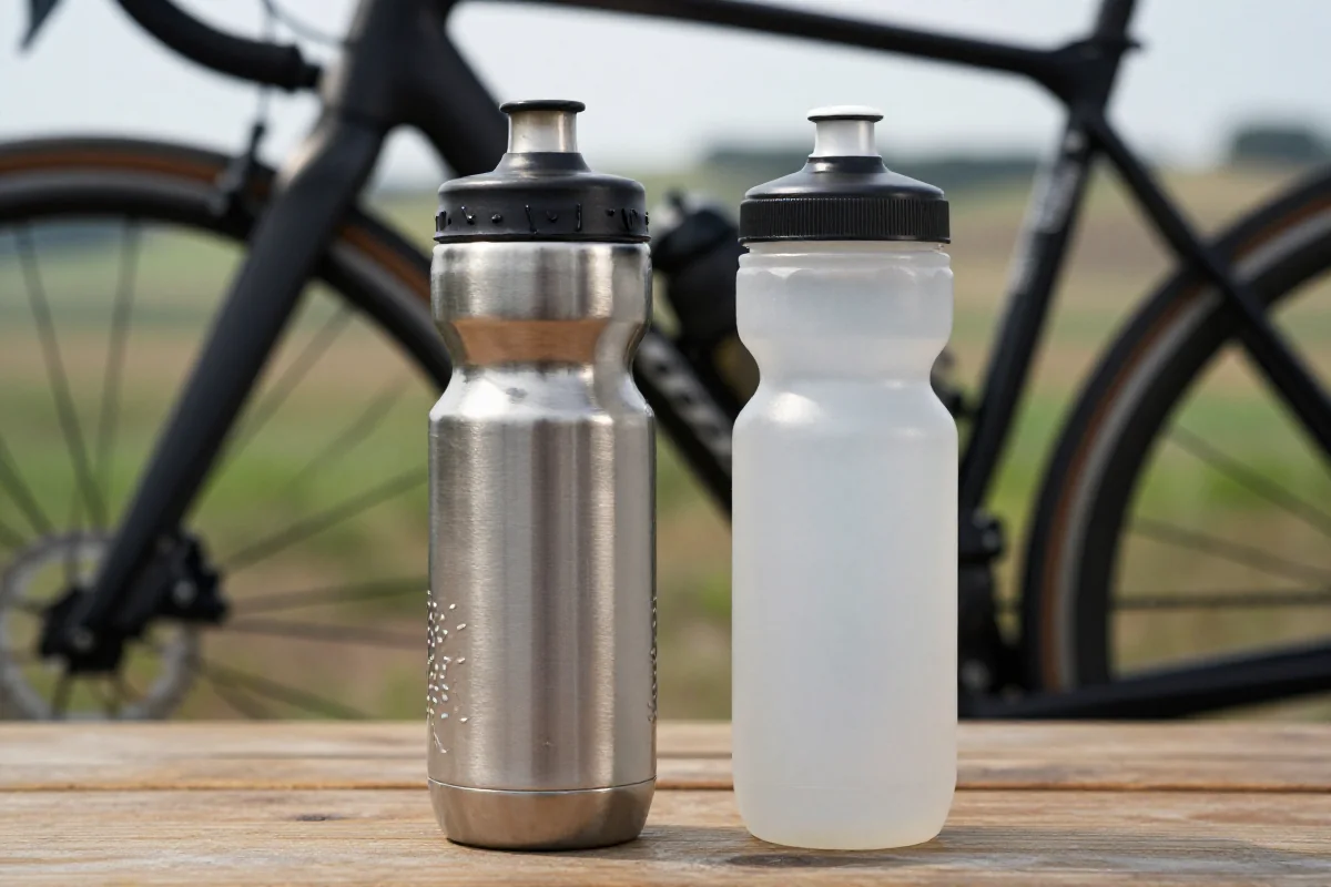 Porównanie bidonów izolowanych i standardowych na tle rowerowym.