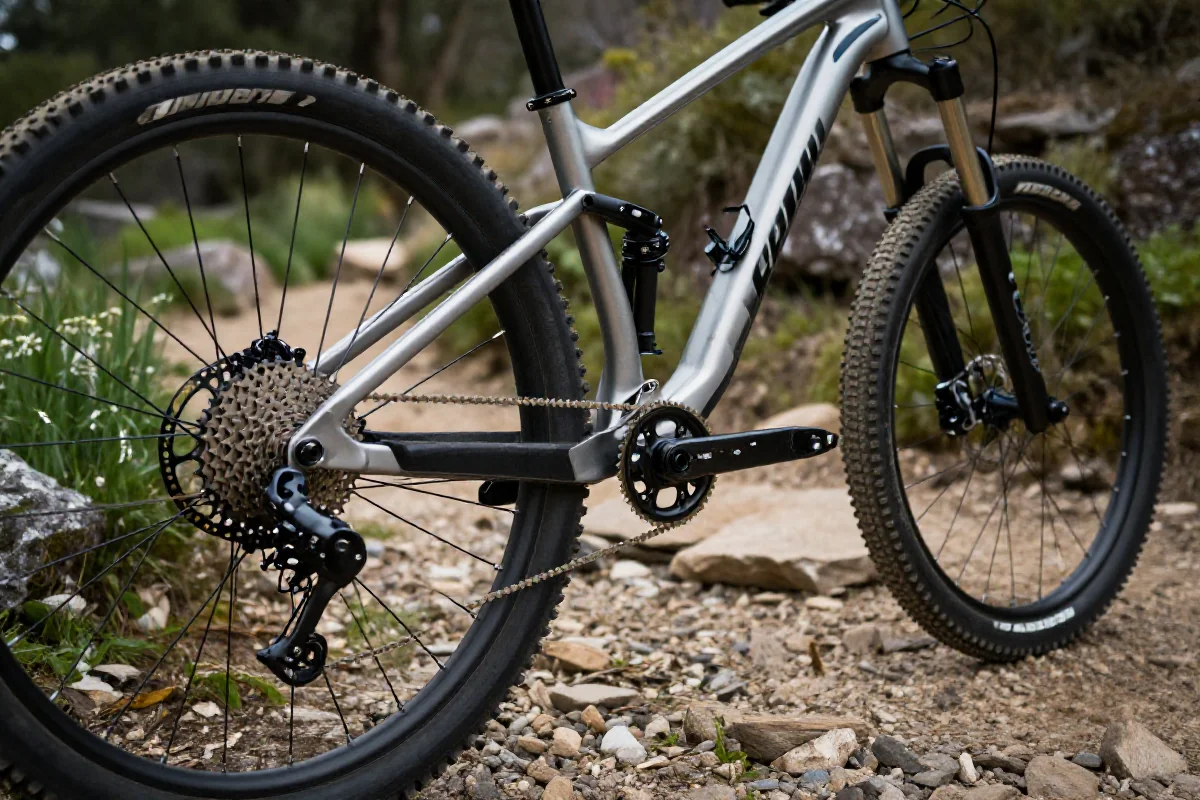 Rower górski na szlaku, ukazujący detale komponentów i siły cross-trainingu.
